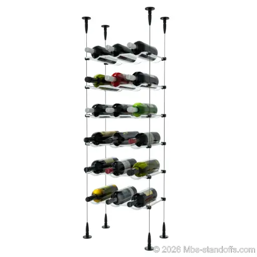[SCS15MB-CW03-K6] Viognier - Condrieu Collection Bottle Display Cable Cradle Kit, 18-Bottle (3x6) Capacity, Floating Cable System, 3-Bottle Wave Acrylic Cradle, Cable: 1/16″ Diameter, 13′-1″ Length with Matte Black Anodized Hanger