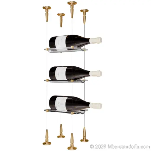 [SCS15BR-CW01-K3] Viognier - Condrieu Collection Bottle Display Cable Cradle Kit, 3-Bottle Capacity, Floating Cable System, 1-Bottle Wave Acrylic Cradle, Cable: 1/16″ Diameter, 13′-1″ Length with Champagne Anodized Hanger