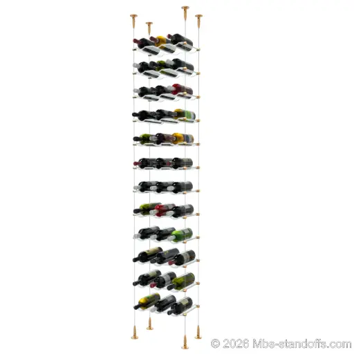 [SCS15BR-CW03-K12] Viognier - Condrieu Collection Bottle Display Cable Cradle Kit, 36-Bottle (3x12) Capacity, Floating Cable System, 3-Bottle Wave Acrylic Cradle, Cable: 1/16″ Diameter, 13′-1″ Length with Champagne Anodized Hanger
