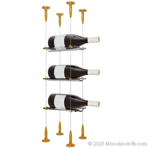 [SCS15G-CW01-K3] Viognier - Condrieu Collection Bottle Display Cable Cradle Kit, 3-Bottle Capacity, Floating Cable System, 1-Bottle Wave Acrylic Cradle, Cable: 1/16″ Diameter, 13′-1″ Length with Gold Anodized Hanger