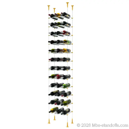 [SCS15G-CW03-K12] Viognier - Condrieu Collection Bottle Display Cable Cradle Kit, 36-Bottle (3x12) Capacity, Floating Cable System, 3-Bottle Wave Acrylic Cradle, Cable: 1/16″ Diameter, 13′-1″ Length with Gold Anodized Hanger