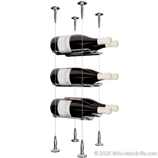[SCS15CP-CW02-K3] Viognier - Condrieu Collection Bottle Display Cable Cradle Kit, 6-Bottle (2x3) Capacity, Floating Cable System, 2-Bottle Wave Acrylic Cradle, Cable: 1/16″ Diameter, 13′-1″ Length with Chrome Mirror Hanger