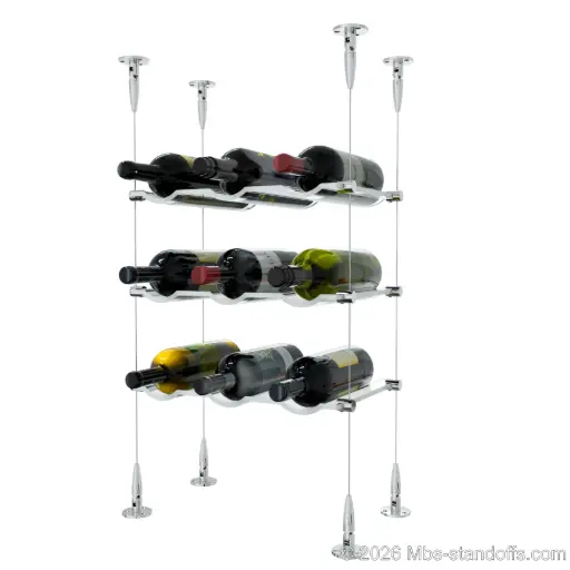 [SCS15CP-CW03-K3] Viognier - Condrieu Collection Bottle Display Cable Cradle Kit, 9-Bottle (3x3) Capacity, Floating Cable System, 3-Bottle Wave Acrylic Cradle, Cable: 1/16″ Diameter, 13′-1″ Length with Chrome Mirror Hanger