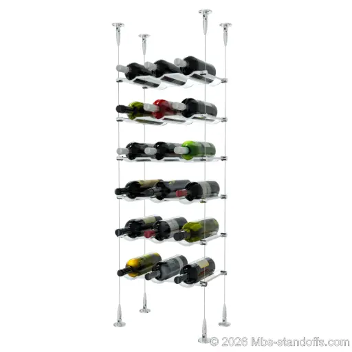 [SCS15CP-CW03-K6] Viognier - Condrieu Collection Bottle Display Cable Cradle Kit, 18-Bottle (3x6) Capacity, Floating Cable System, 3-Bottle Wave Acrylic Cradle, Cable: 1/16″ Diameter, 13′-1″ Length with Chrome Mirror Hanger