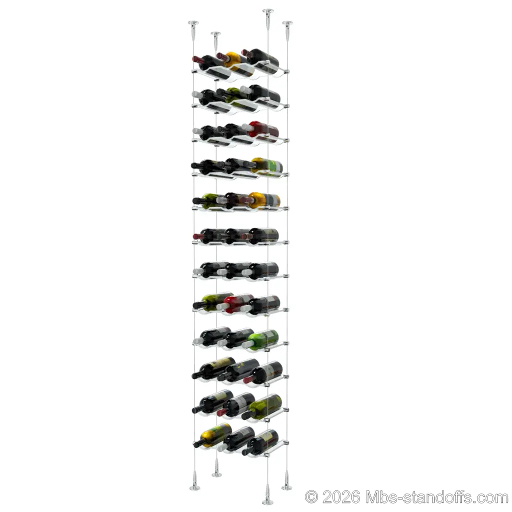 Viognier - Condrieu Collection Bottle Display Cable Cradle Kit, 36-Bottle (3x12) Capacity, Floating Cable System, 3-Bottle Wave Acrylic Cradle, Cable: 1/16″ Diameter, 13′-1″ Length with Chrome Mirror Hanger