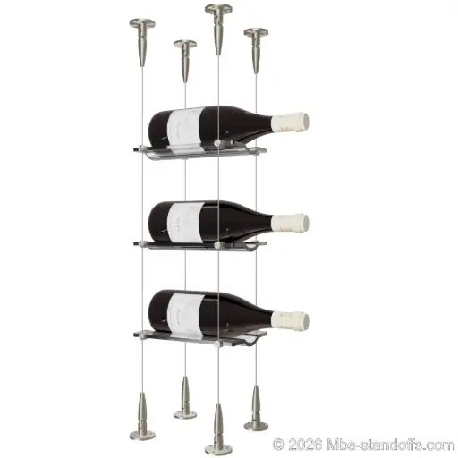 [SCS15SS-CW01-K3] Viognier - Condrieu Collection Bottle Display Cable Cradle Kit, 3-Bottle Capacity, Floating Cable System, 1-Bottle Wave Acrylic Cradle, Cable: 1/16″ Diameter, 13′-1″ Length with Satin Brushed Hanger