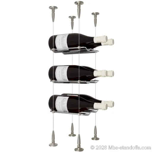 [SCS15SS-CW02-K3] Viognier - Condrieu Collection Bottle Display Cable Cradle Kit, 6-Bottle (2x3) Capacity, Floating Cable System, 2-Bottle Wave Acrylic Cradle, Cable: 1/16″ Diameter, 13′-1″ Length with Satin Brushed Hanger