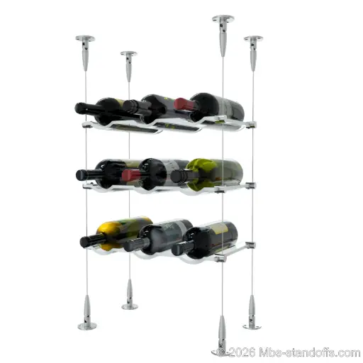 [SCS15SS-CW03-K3] Viognier - Condrieu Collection Bottle Display Cable Cradle Kit, 9-Bottle (3x3) Capacity, Floating Cable System, 3-Bottle Wave Acrylic Cradle, Cable: 1/16″ Diameter, 13′-1″ Length with Satin Brushed Hanger