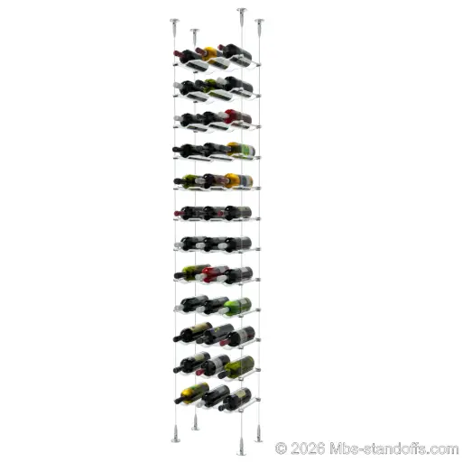 [SCS15SS-CW03-K12] Viognier - Condrieu Collection Bottle Display Cable Cradle Kit, 36-Bottle (3x12) Capacity, Floating Cable System, 3-Bottle Wave Acrylic Cradle, Cable: 1/16″ Diameter, 13′-1″ Length with Satin Brushed Hanger