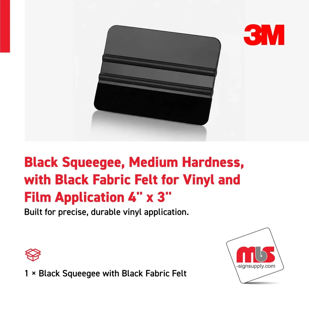 4" x 3" Black Squeegee, Medium Hardness, with Black Fabric Felt for Vinyl and Film Application