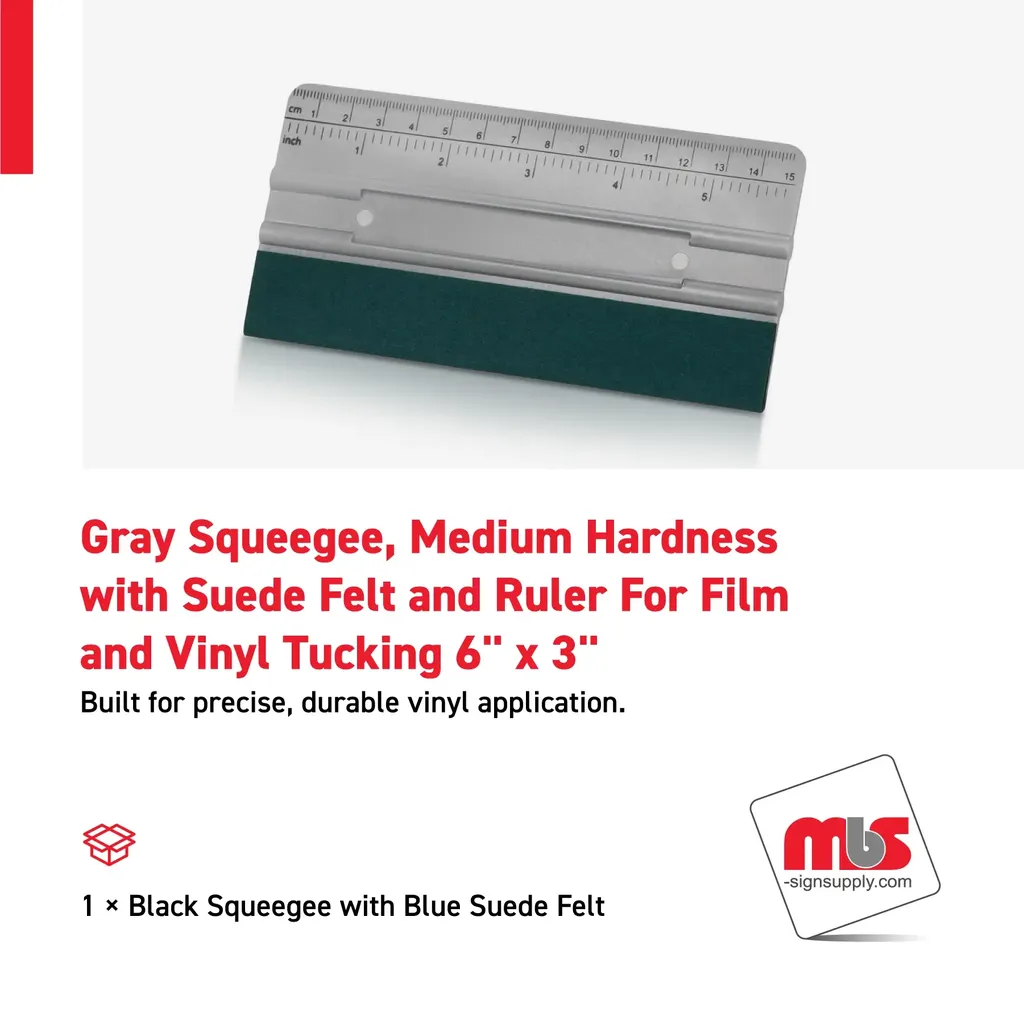 6" x 3" Gray Squeegee, Medium Hardness with Suede Felt and Ruler For Film and Vinyl Tucking