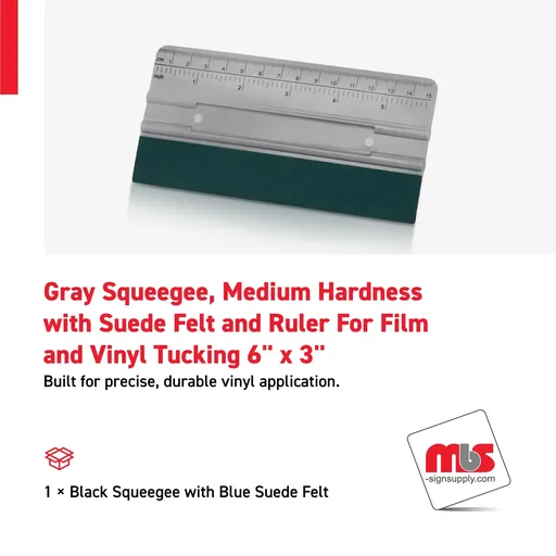 [SQ-0307] 6" x 3" Gray Squeegee, Medium Hardness with Suede Felt and Ruler For Film and Vinyl Tucking