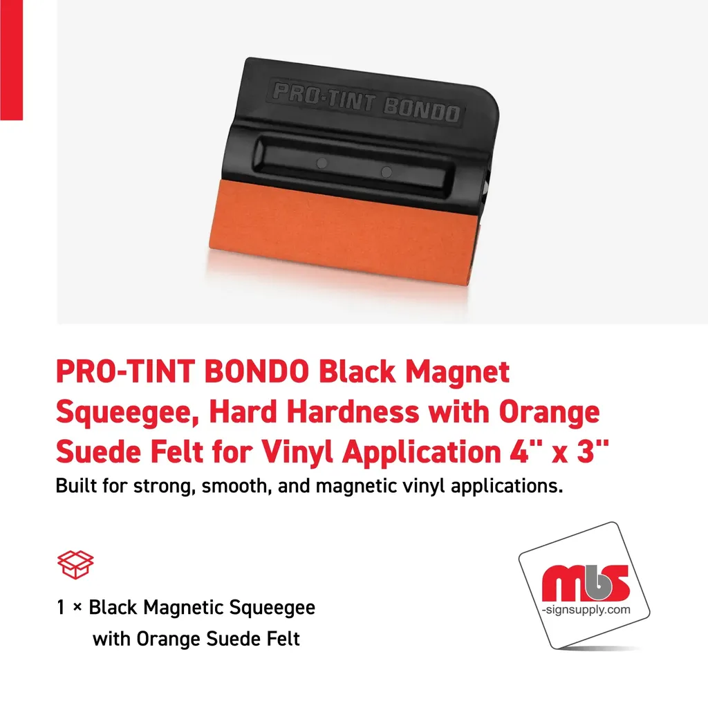PRO-TINT BONDO 4" x 3" Black Magnet Squeegee, Hard Hardness with Orange Suede Felt for Vinyl Application