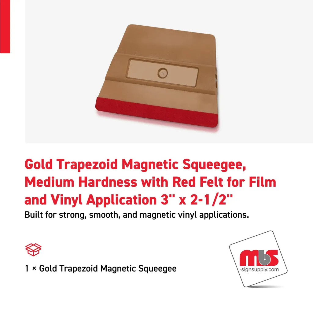 3" x 2-1/2" Gold Trapezoid Magnetic Squeegee, Medium Hardness with Red Felt for Film and Vinyl Application