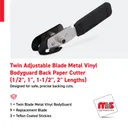 Twin Adjustable Blade Metal Vinyl Bodyguard Back Paper Cutter (1/2'', 1'', 1-1/2'', 2'' Lengths) w/ (9) Replacement Blade and (3) Teflon Coated Stickies