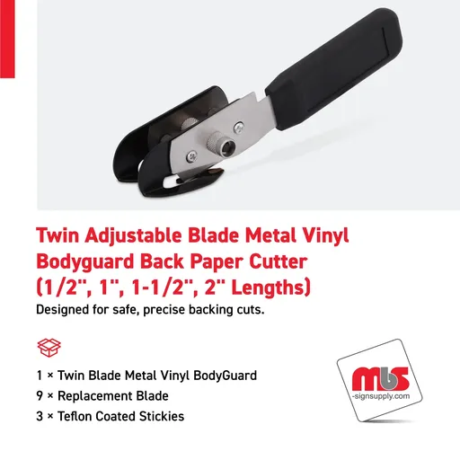 [CT-0209] Twin Adjustable Blade Metal Vinyl Bodyguard Back Paper Cutter (1/2", 1", 1-1/2", 2" Lengths) w/ (9) Replacement Blade and (3) Teflon Coated Stickies
