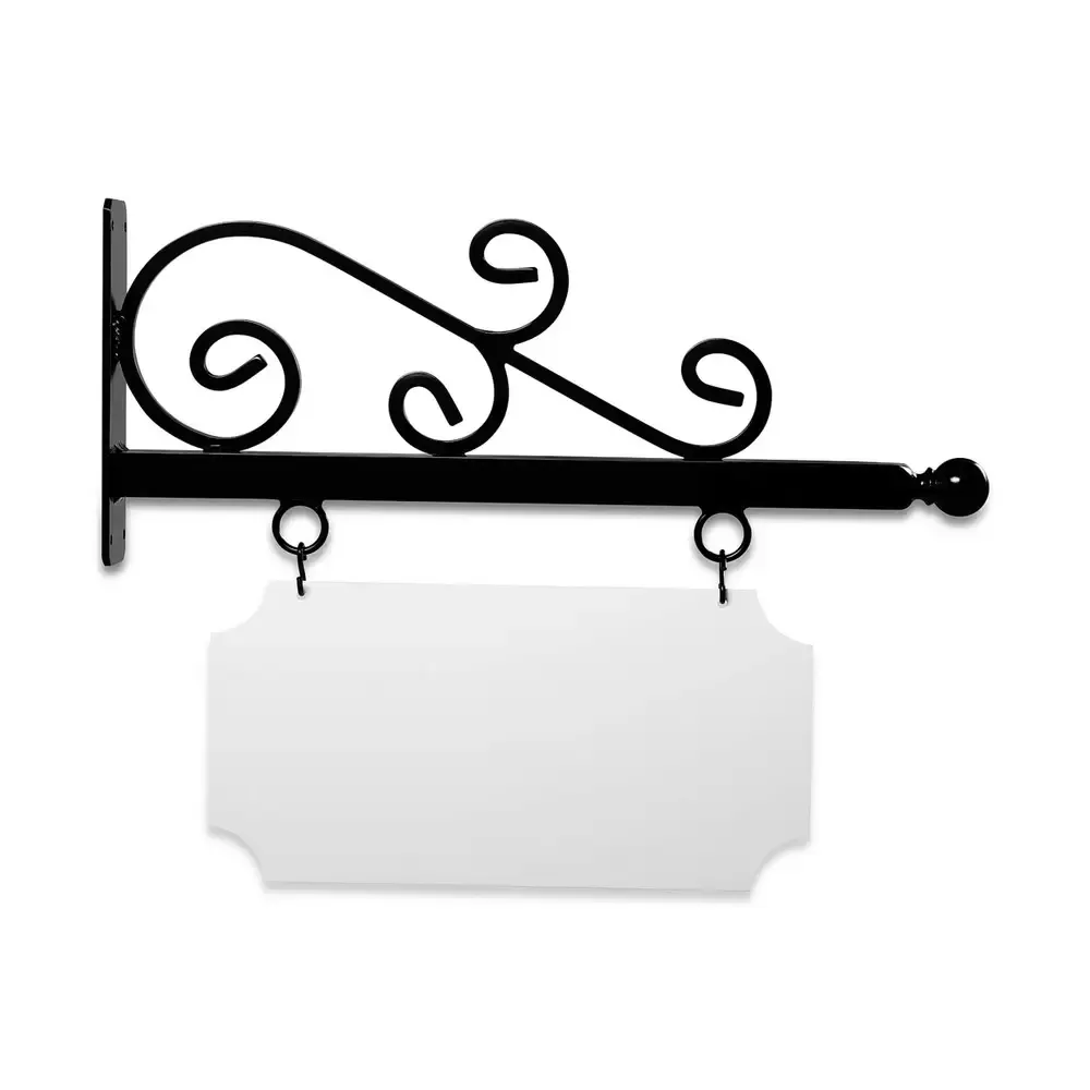24" Wide Wispy Style Bracket in  Black Powder Coated Aluminum with 10" Tall X 20" Wide X .063" Thick White Aluminum Sign Blank and 2 Black Powder Coated S-Hooks