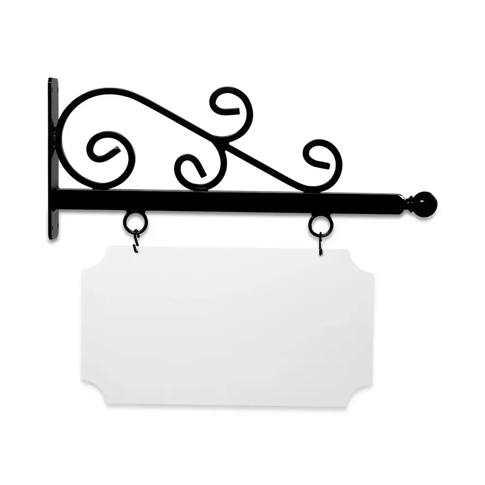 24" Wide Wispy Style Bracket in  Black Powder Coated Aluminum with 12" Tall X 22" Wide X .063" Thick White Aluminum Sign Blank and 2 Black Powder Coated S-Hooks