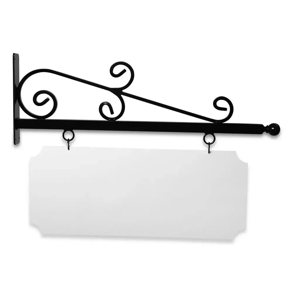 36" Wide Wispy Style Bracket in  Black Powder Coated Aluminum with 14" Tall X 34" Wide X .080" Thick White Aluminum Sign Blank and 2 Black Powder Coated S-Hooks