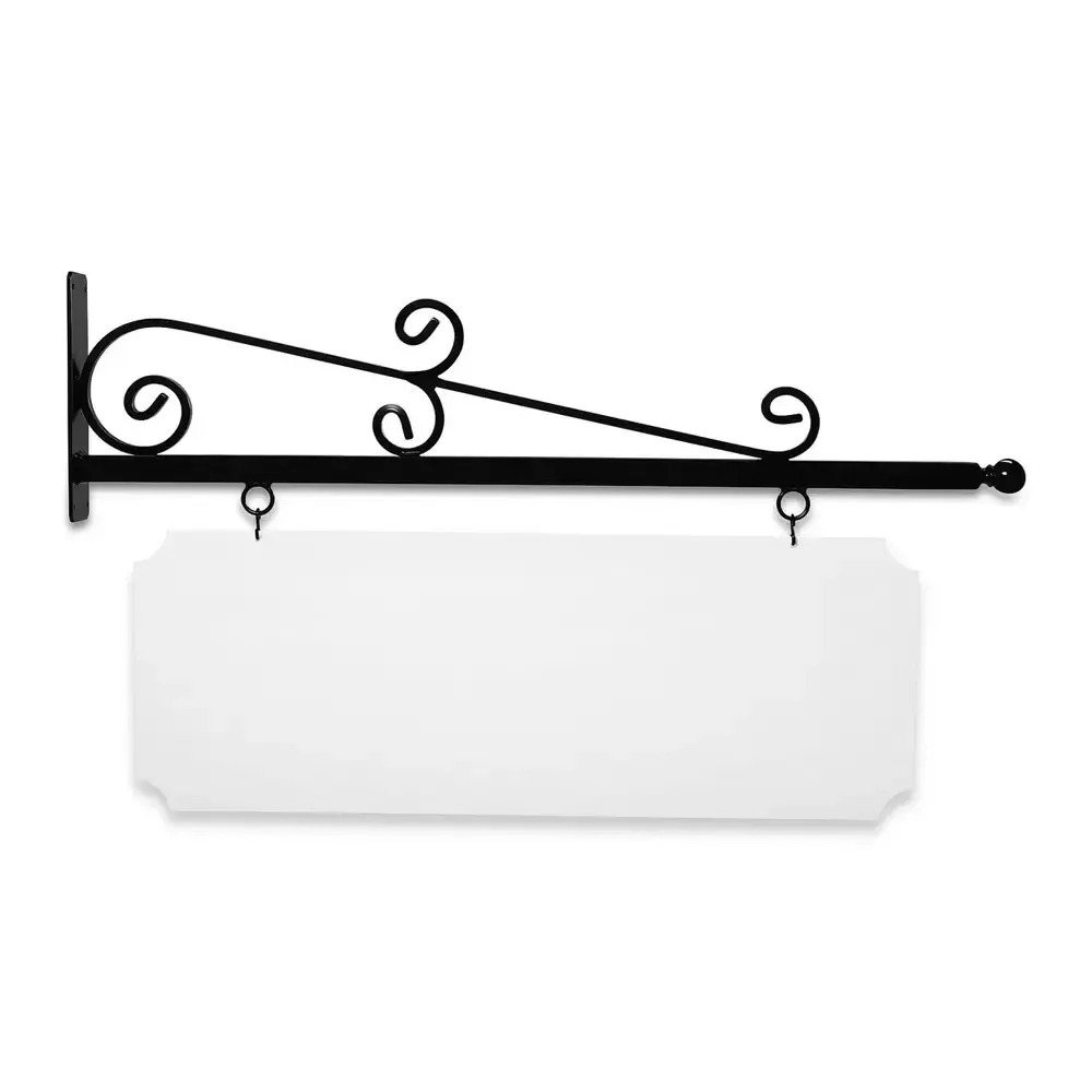 48" Wide Wispy Style Bracket in  Black Powder Coated Aluminum with 16" Tall X 44" Wide X .080" Thick White Aluminum Sign Blank and 2 Black Powder Coated S-Hooks