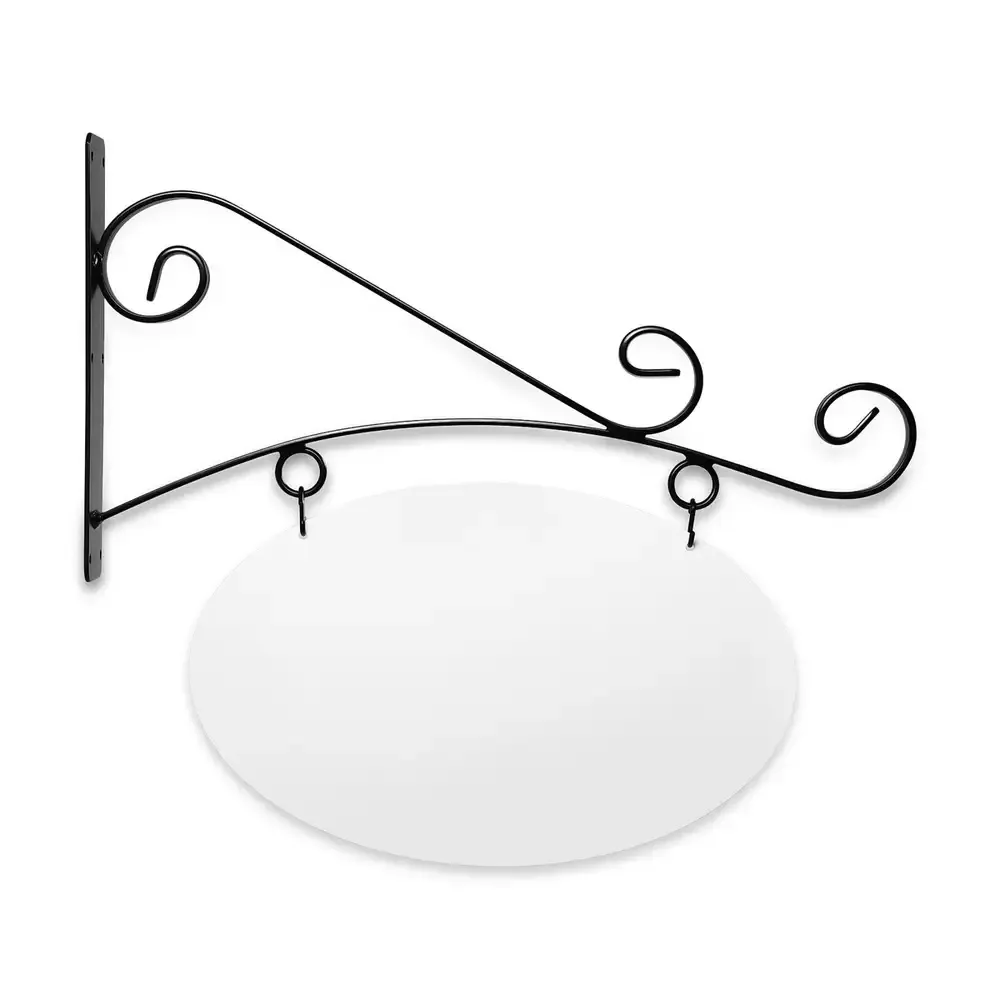 24" Wide Bistro Style Bracket in  Black Powder Coated Steel with 14" Tall X 22" Wide X .080" Thick White Aluminum Sign Blank and 2 Black Powder Coated S-Hooks
