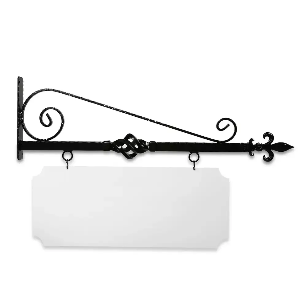 36" Wide Bourbon Street Style Bracket in  Black Powder Coated Aluminum with 14" Tall X 34" Wide X .080" Thick White Aluminum Sign Blank and 2 Black Powder Coated S-Hooks