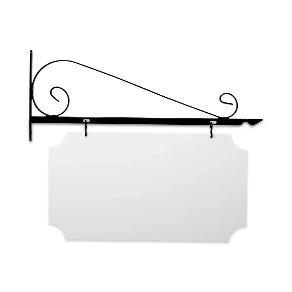 24" Wide Value Scroll Bracket in  Black Powder Coated Steel with 10" Tall X 20" Wide X .063" Thick White Aluminum Sign Blank and 2 Black Powder Coated S-Hooks