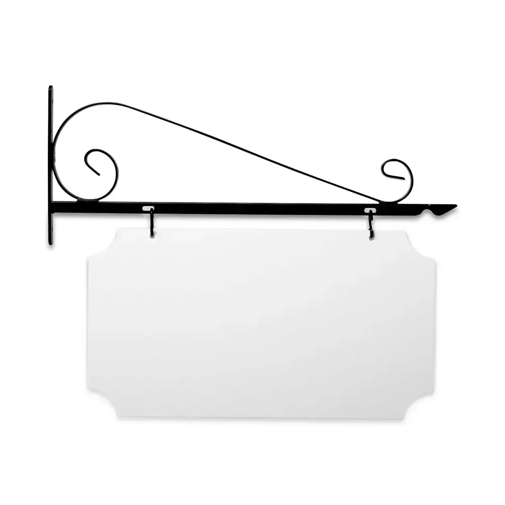 24" Wide Value Scroll Bracket in  Black Powder Coated Steel with 12" Tall X 22" Wide X .063" Thick White Aluminum Sign Blank and 2 Black Powder Coated S-Hooks