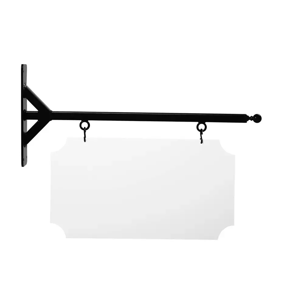 24'' Wide Straight Shaft Bracket in  Black Powder Coated Steel with 12'' Tall X 22'' Wide X .063'' Thick White Aluminum Sign Blank and 2 Black Powder Coated S-Hooks (Ball Finial)