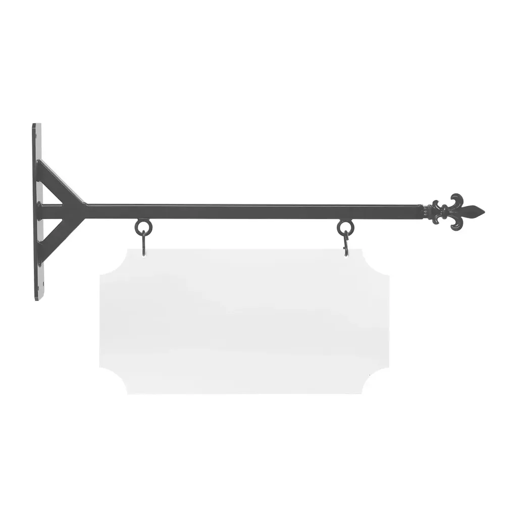 24" Wide Straight Shaft Bracket in  Gray Powder Coated Steel with 10" Tall X 20" Wide X .063" Thick White Aluminum Sign Blank and 2 Black Powder Coated S-Hooks (Fleur De Lis Finial)