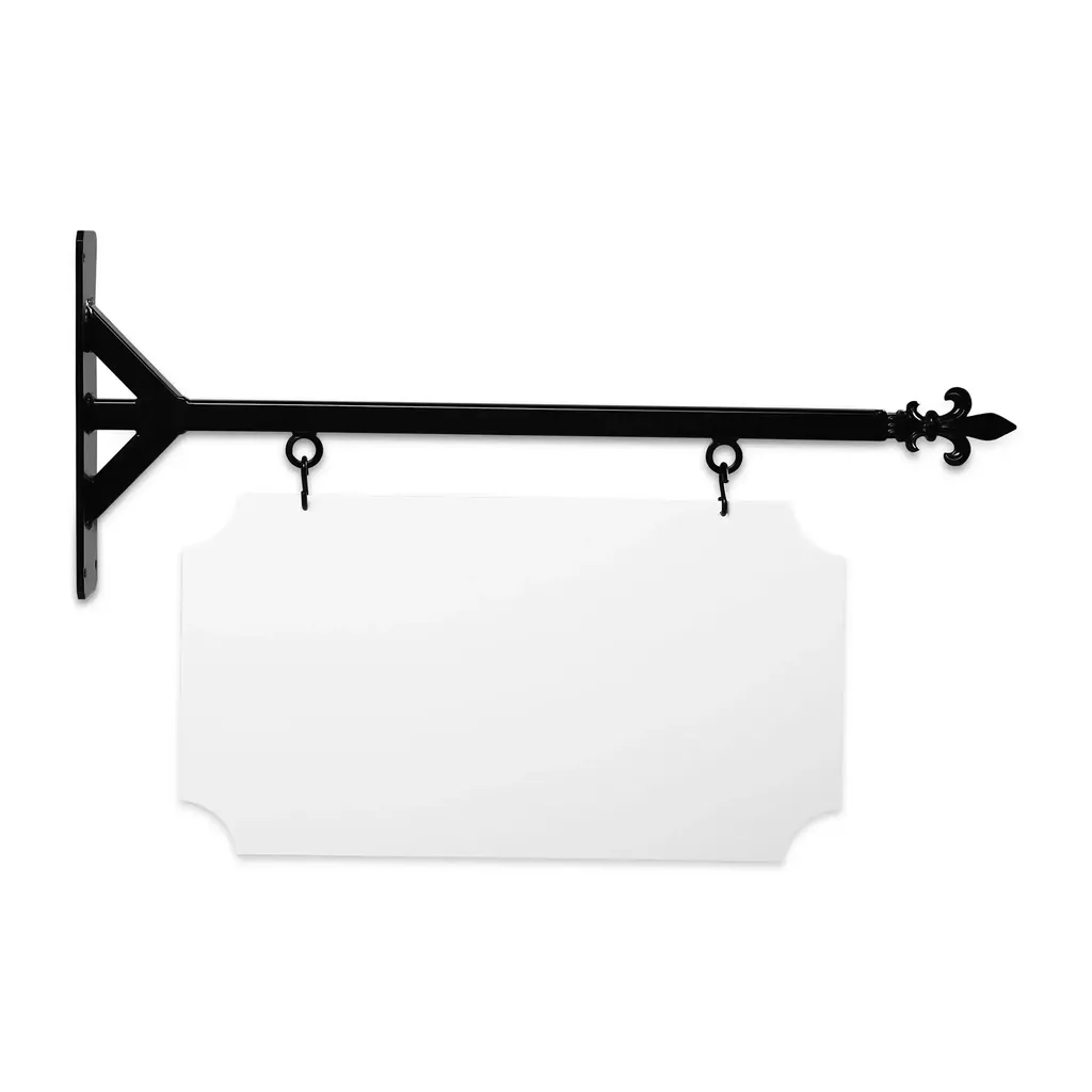 24" Wide Straight Shaft Bracket in  Black Powder Coated Steel with 12" Tall X 22" Wide X .063" Thick White Aluminum Sign Blank and 2 Black Powder Coated S-Hooks (Fleur De Lis Finial)