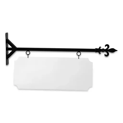 [SBSS-36SBF-KIT34-14-SH] 36'' Wide Straight Shaft Bracket in  Black Powder Coated Steel with 14'' Tall X 34'' Wide X .080'' Thick White Aluminum Sign Blank and 2 Black Powder Coated S-Hooks (Fleur De Lis Finial)