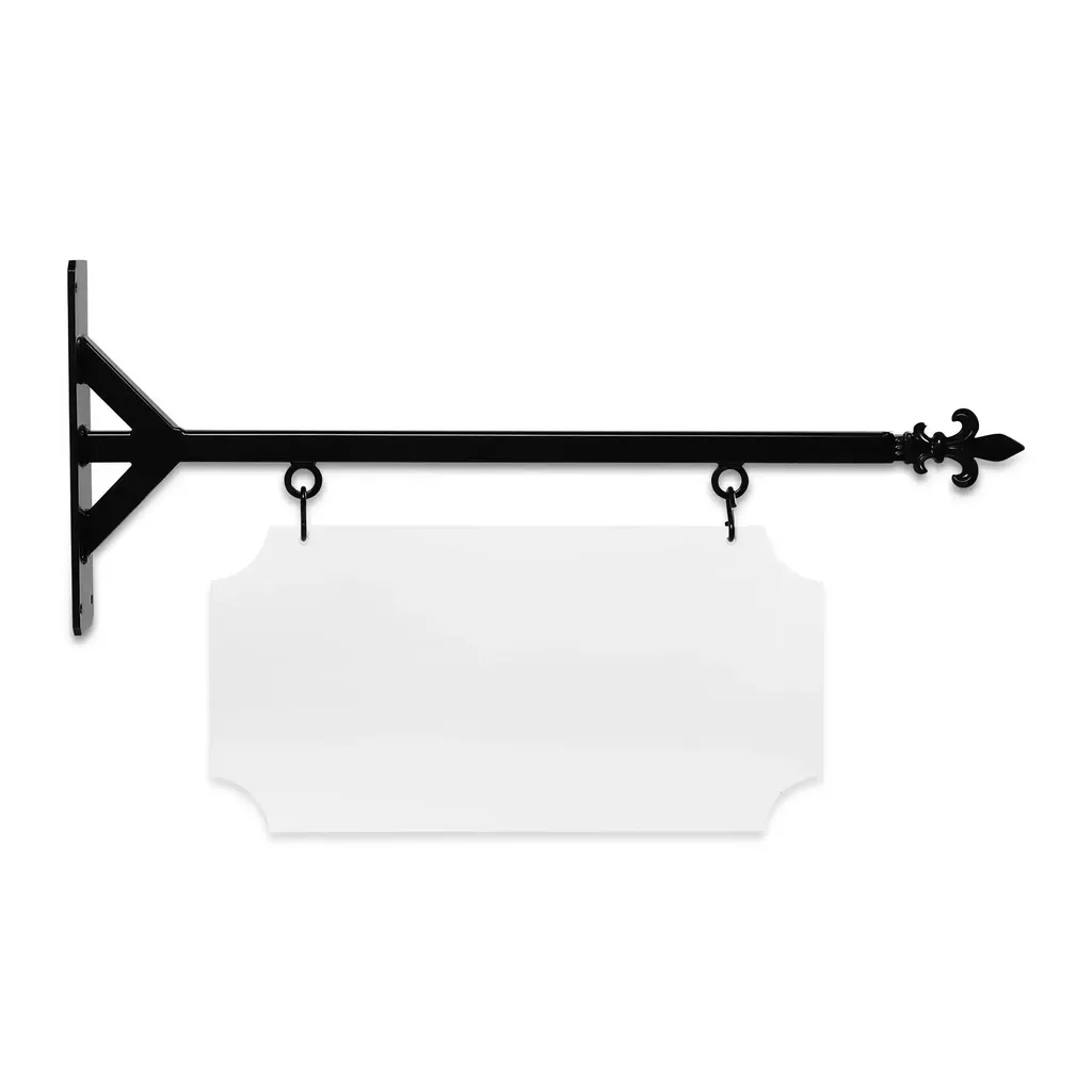 24" Wide Straight Shaft Bracket in  Black Powder Coated Steel with 10" Tall X 20" Wide X .063" Thick White Aluminum Sign Blank and 2 Black Powder Coated S-Hooks (Fleur De Lis Finial)