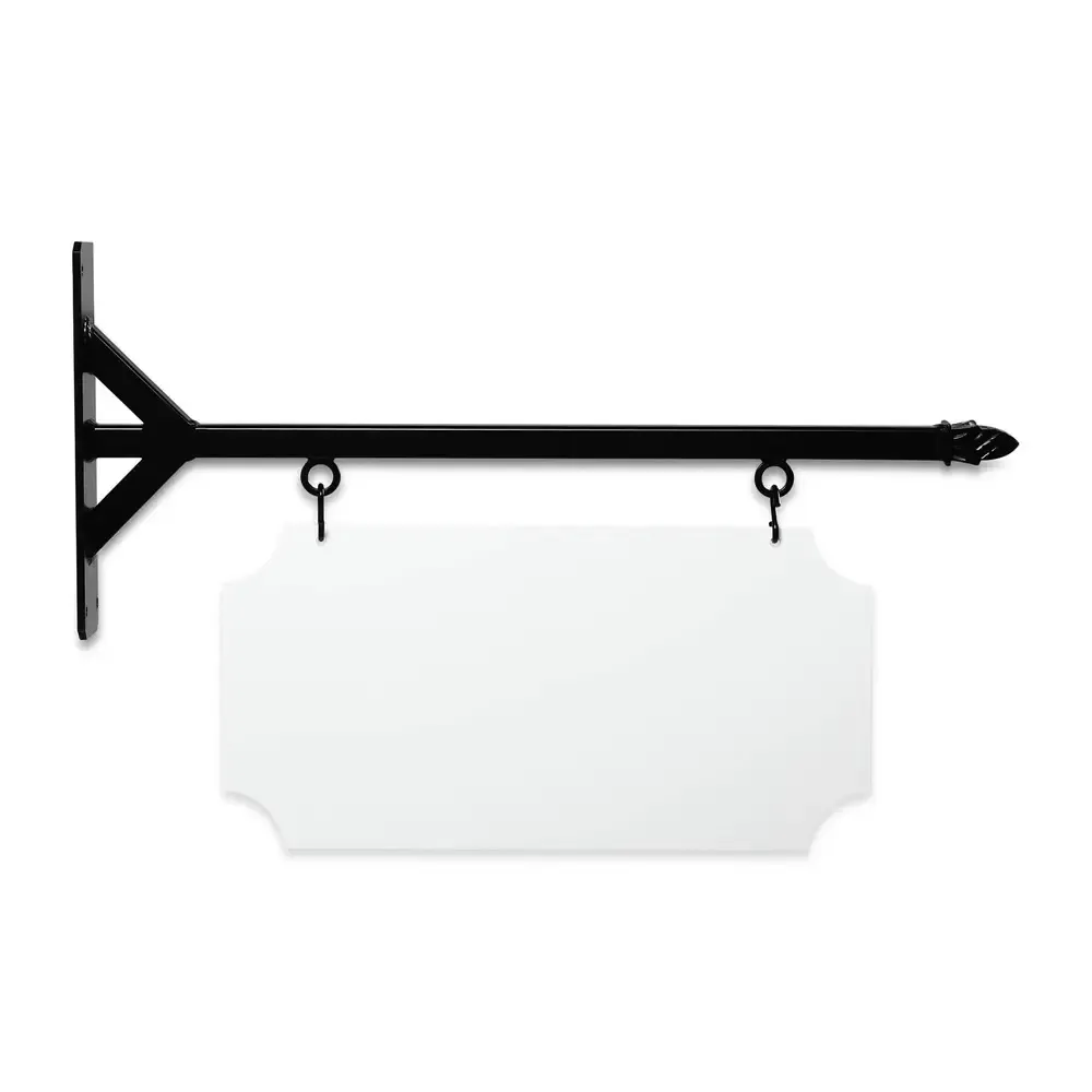 24" Wide Straight Shaft Bracket in  Black Powder Coated Steel with 10" Tall X 20" Wide X .063" Thick White Aluminum Sign Blank and 2 Black Powder Coated S-Hooks (Finial)