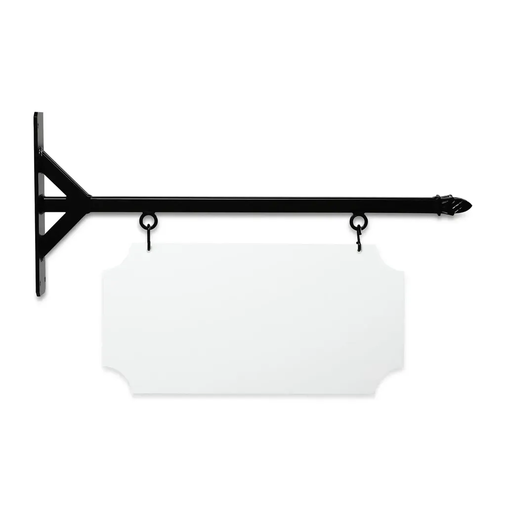 24" Wide Straight Shaft Bracket in  Black Powder Coated Steel with 10" Tall X 20" Wide X .063" Thick White Aluminum Sign Blank and 2 Black Powder Coated S-Hooks (Pineapple Finial)