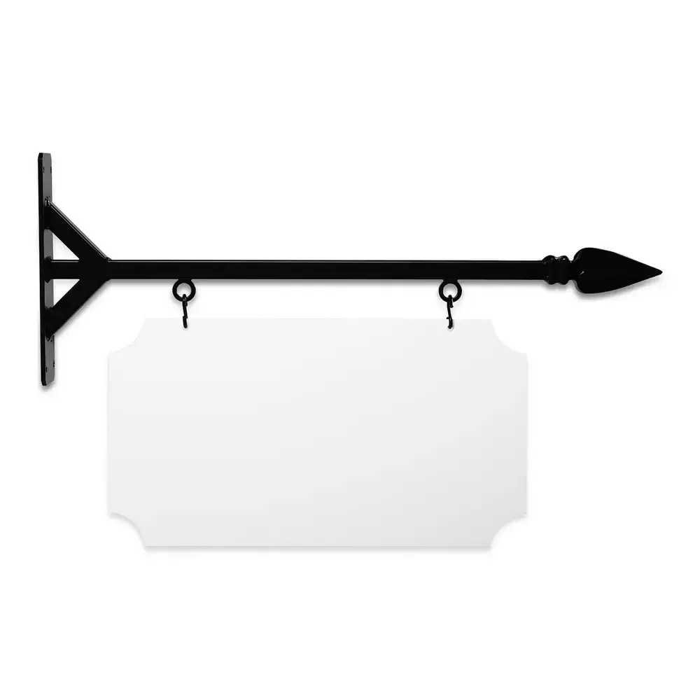 24" Wide Straight Shaft Bracket in  Black Powder Coated Steel with 12" Tall X 22" Wide X .063" Thick White Aluminum Sign Blank and 2 Black Powder Coated S-Hooks (Spear Point Finial)