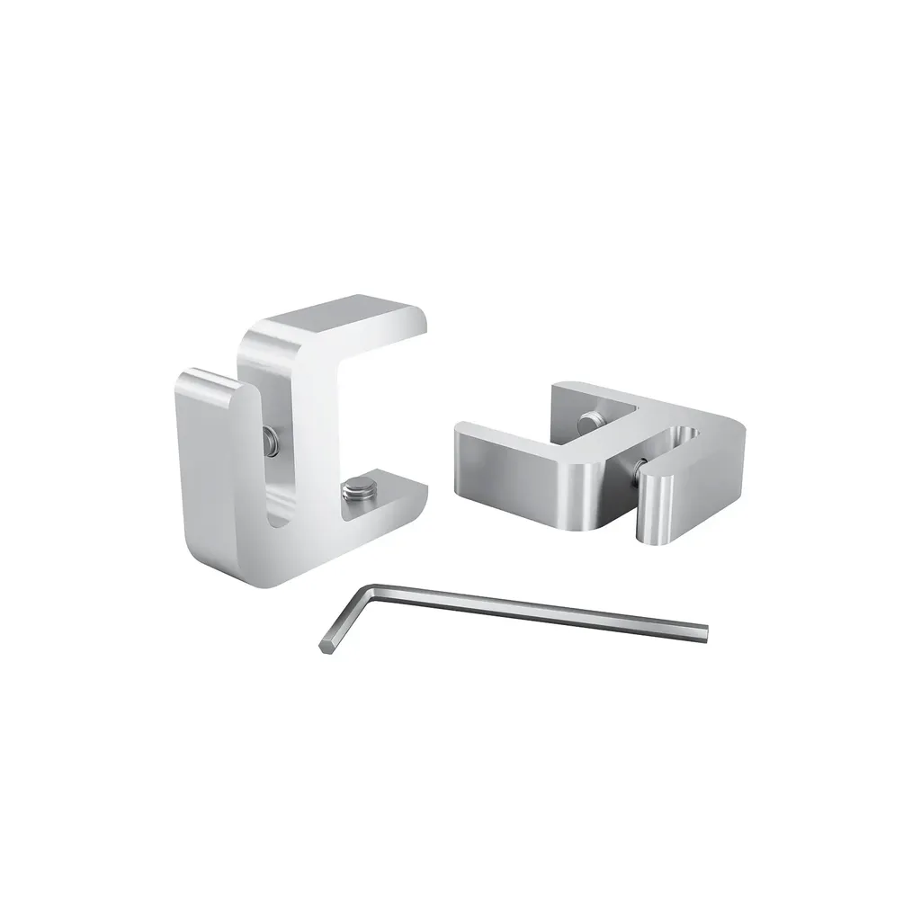 "Set of 2,  Clamp, Aluminum Clear Anodized Finish, to Accommodate 1" to 1-1/8" Counters. Hold up to 1/4" material thickness M6 Set screw need 3mm Allen Wrench"