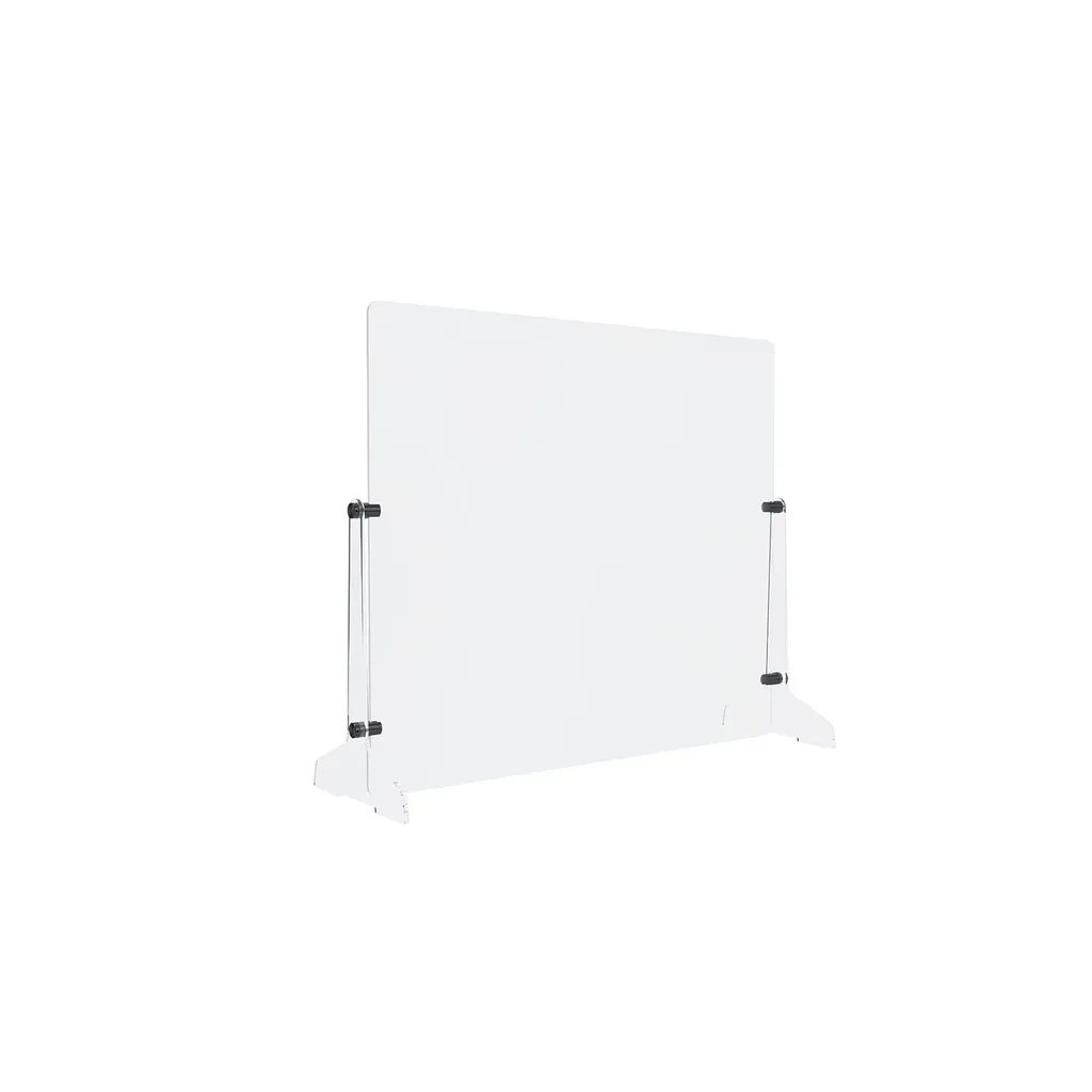 Clear Acrylic Sneeze Guard 23-1/2" Wide x 20" Tall, with (2) 7" Wide x 12-5/16" Deep Feet on the Side, and (4) Aluminum Black Anodized Forks / Standoffs.