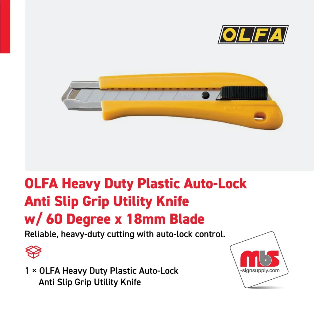 Olfa Heavy Duty Plastic Auto-Lock Anti Slip Grip Utility Knife w/ 60 Degree x 18mm Blade