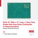 Olfa 18" Wide x 12" Long x 1.5mm Thick Double-Side Green Rotary Cutting Mat w/ Measuring Marks