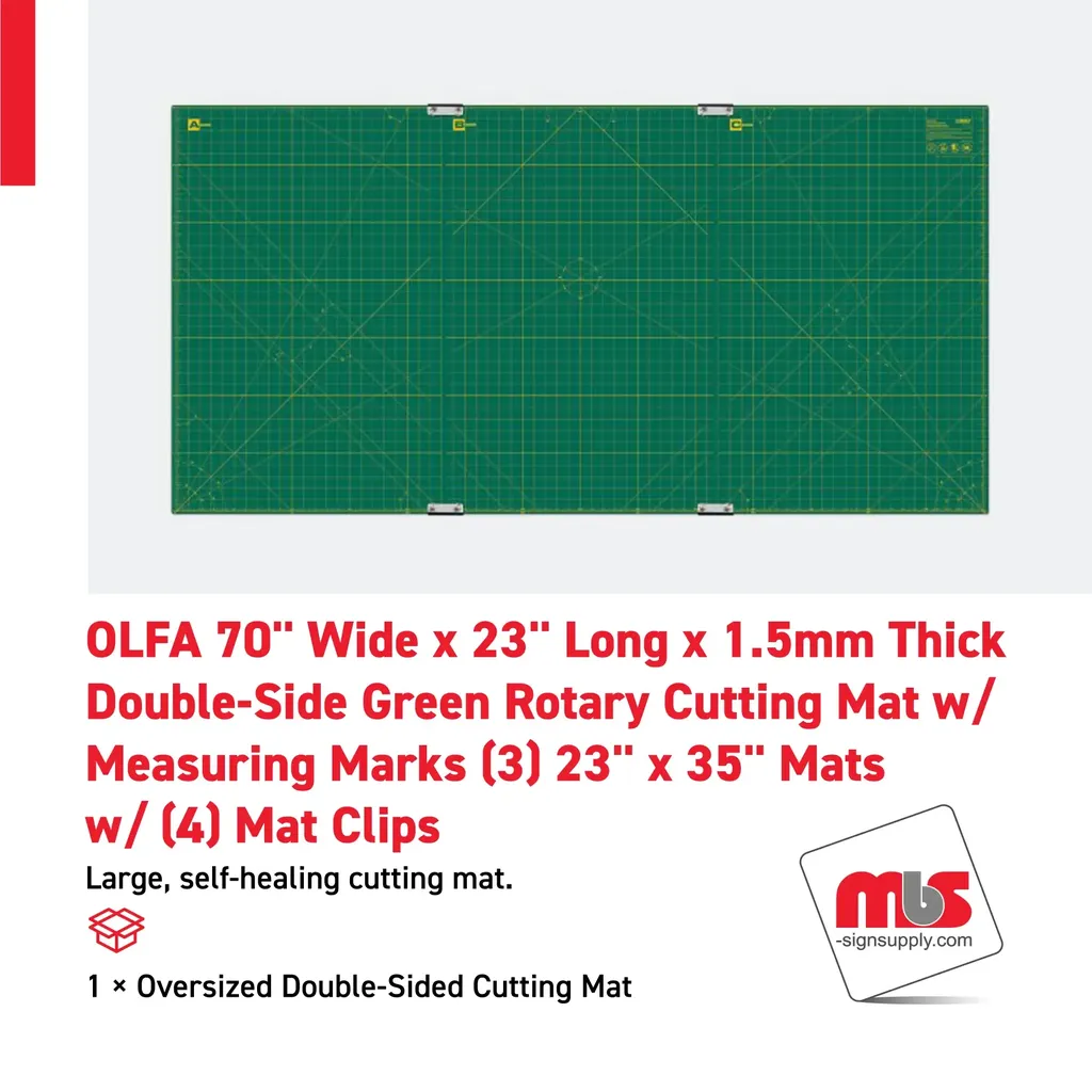 Olfa 70" Wide x 35" Long x 1.5mm Thick Double-Side Green Rotary Cutting Mat w/ Measuring Marks (3) 23" x 35" Mats w/ (4) Mat Clips