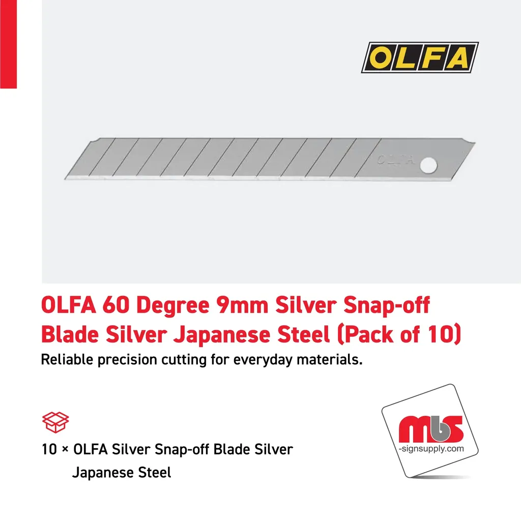 Olfa 60 Degree 9mm Silver Snap-off Blade Silver Japanese Steel (Pack of 10)