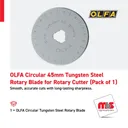 Olfa Circular 45mm Tungsten Steel Rotary Blade for Rotary Cutter (Pack of 1)