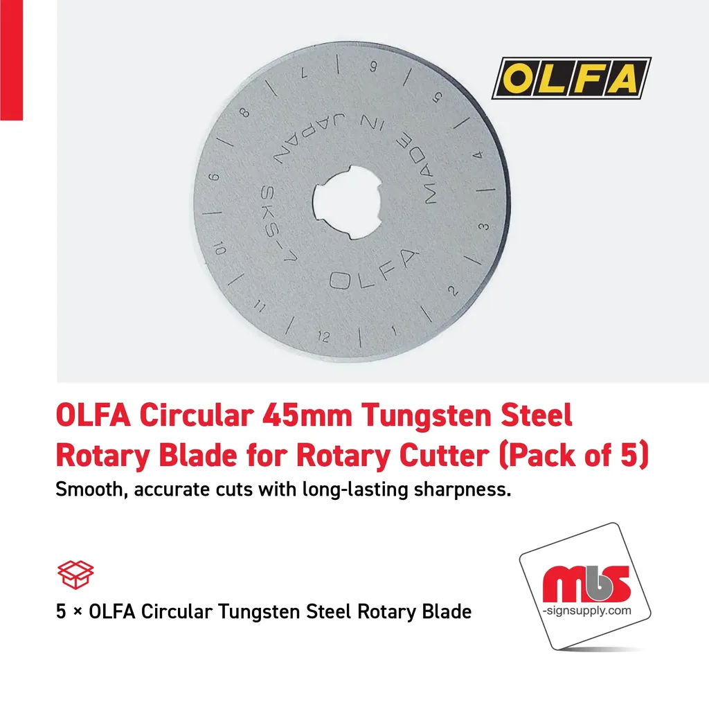 Olfa Circular 45mm Tungsten Steel Rotary Blade for Rotary Cutter (Pack of 5)