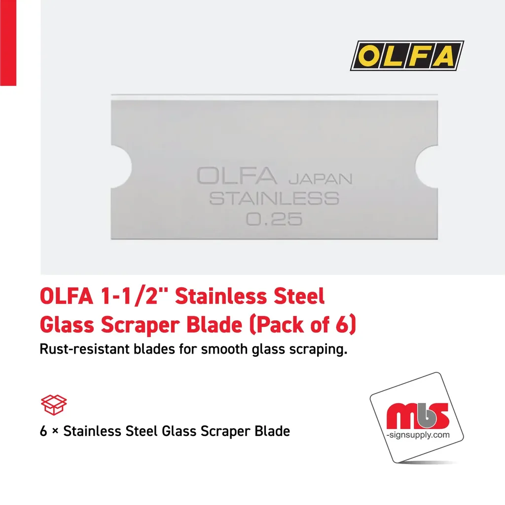 Olfa 1-1/2" Stainless Steel Glass Scraper Blade (Pack of 6)