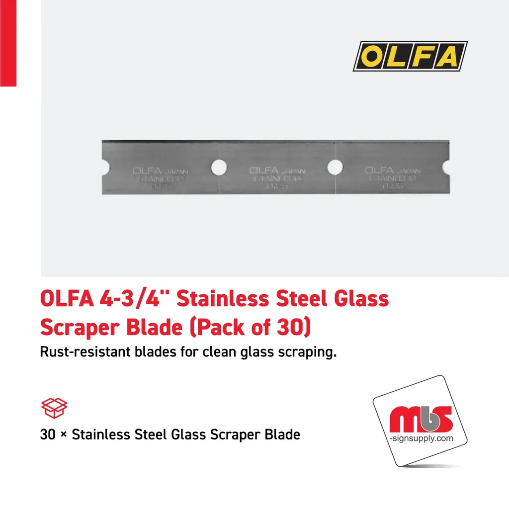 Olfa 4-3/4" Stainless Steel Glass Scraper Blade (Pack of 30)