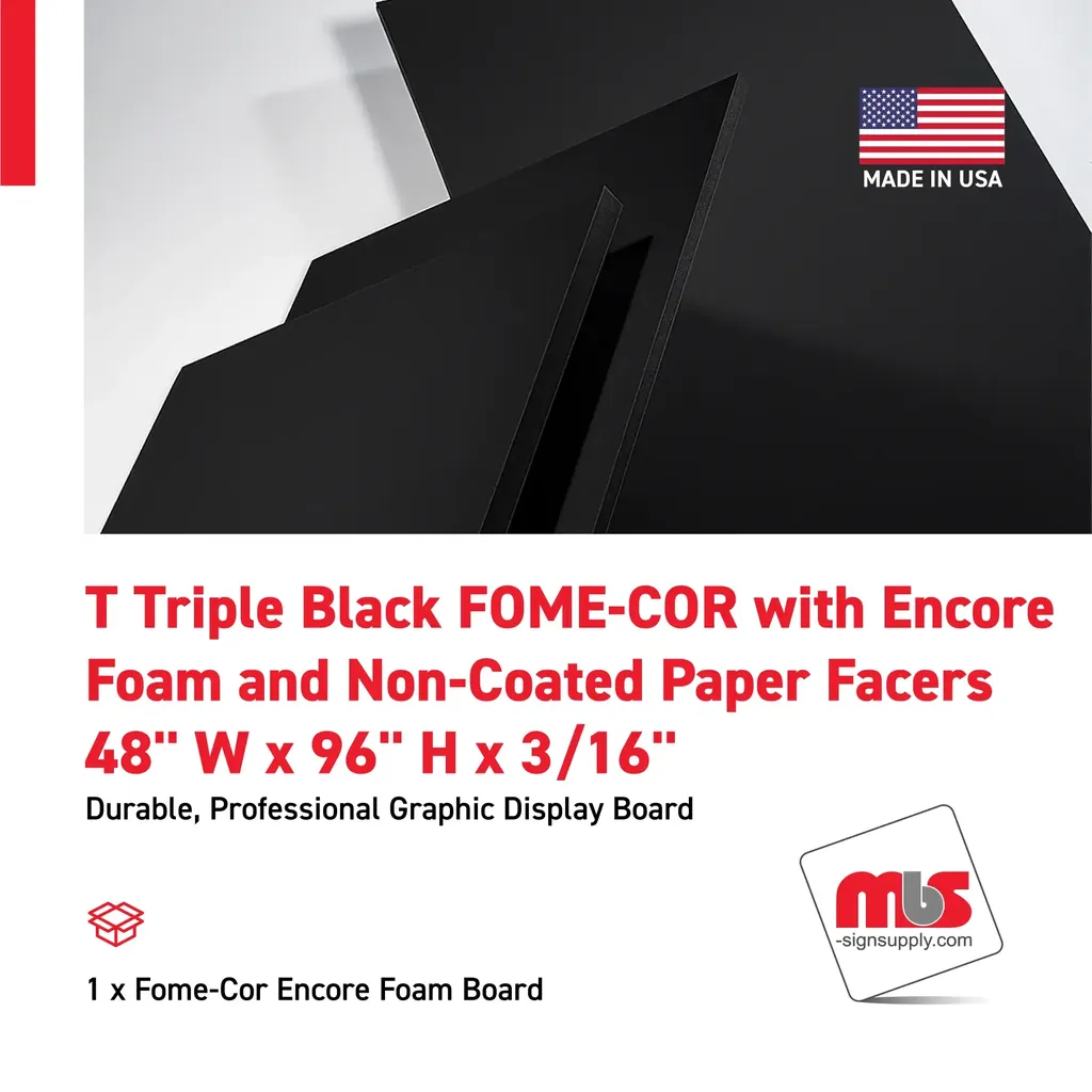 48" W x 96" H x 3/16" T Triple Black FOME-COR with Encore Foam and Non-Coated Paper Facers