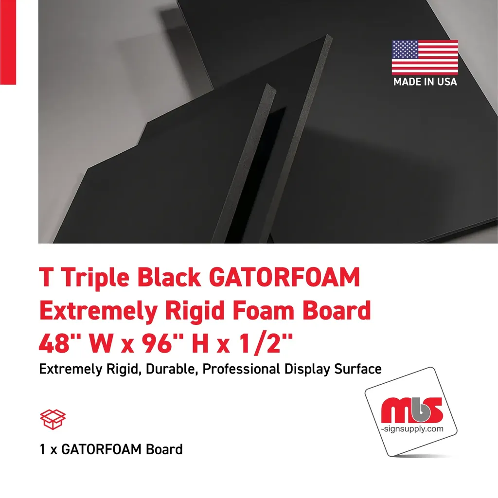 48" W x 96" H x 1/2" T Triple Black GATORFOAM Extremely Rigid Foam Board